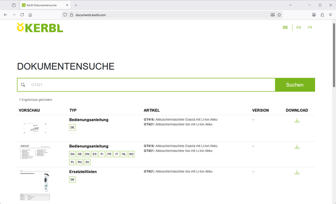 Screenshot Kerbl Dokumentensuche